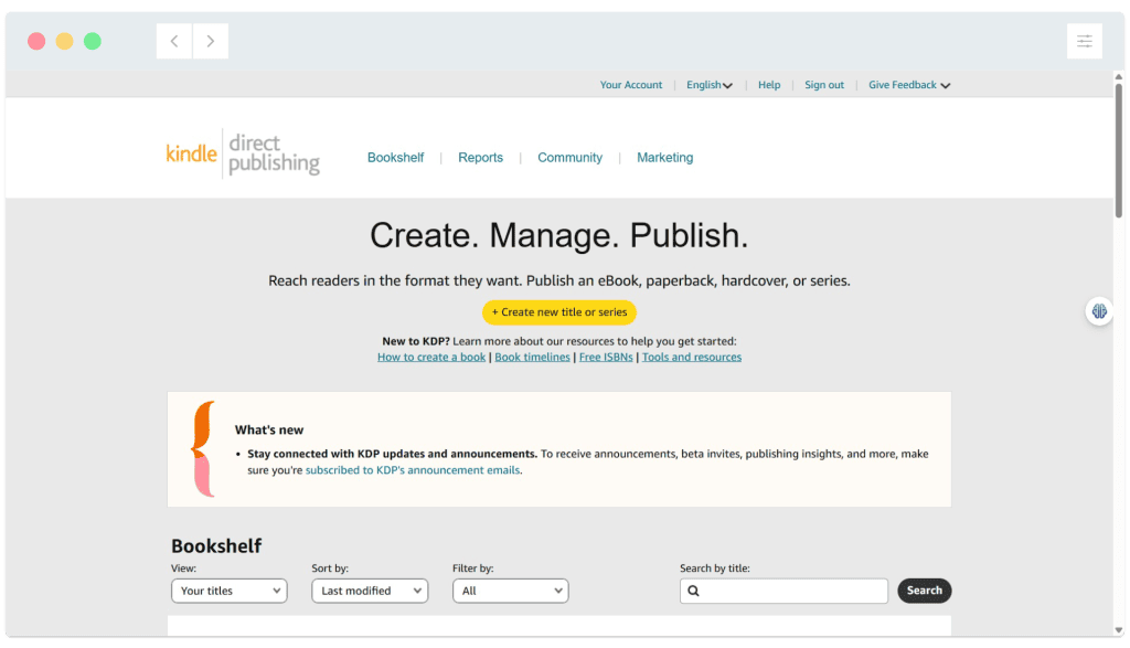 Kindle Direct Publishing dashboard with options to create, manage, and publish eBooks or print books, plus navigation menu.