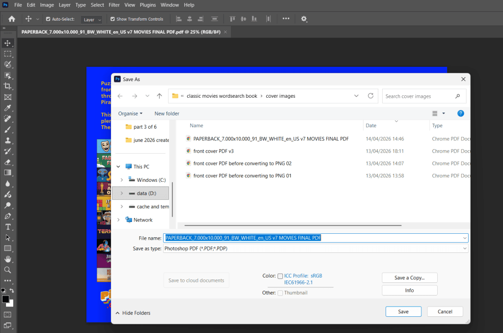 A screenshot of the Save As dialog box in Photoshop with PDF files and folders visible in the background.