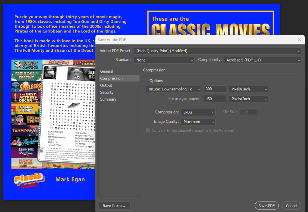 A PDF save settings window is open over a colorful book cover featuring classic movies and a word search puzzle.