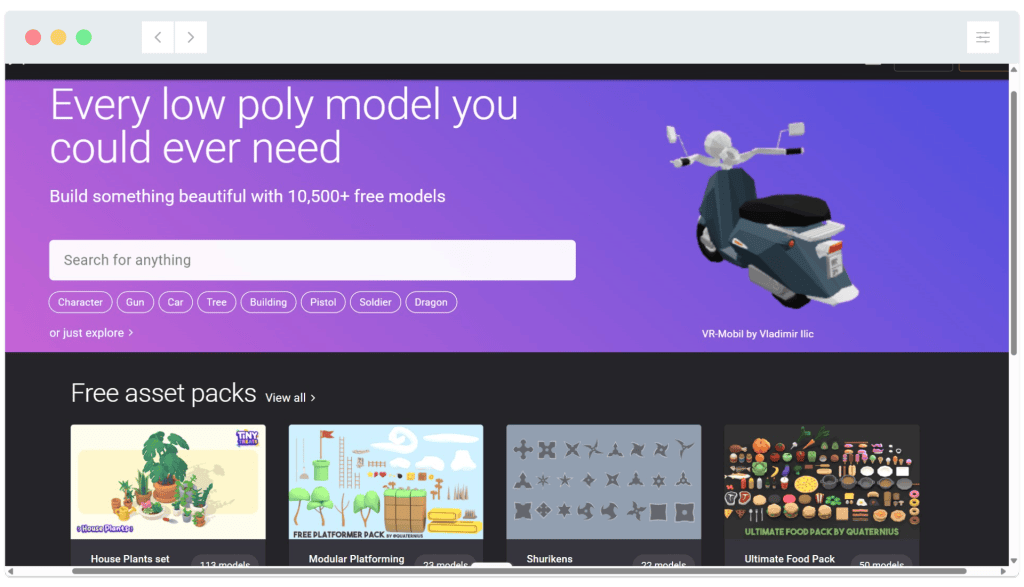 Website homepage displaying a search bar for free low poly 3D models and free asset packs below.