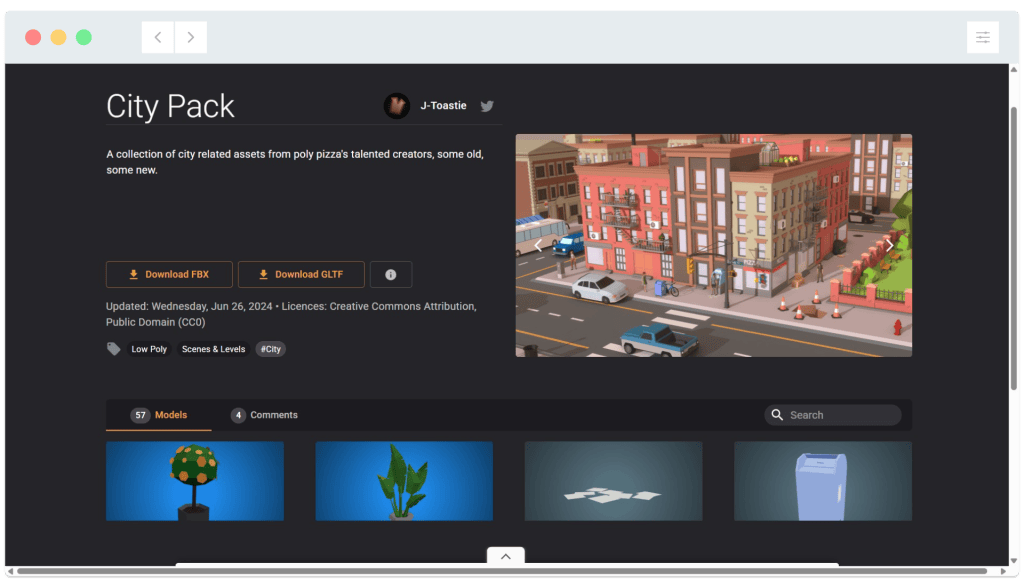 A website page displays a 3D city pack with low-poly buildings, download buttons, and model previews below.
