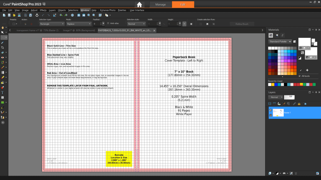 Screenshot of a book cover template in Corel PaintShop Pro 2023 with editable text and layout guidelines visible.