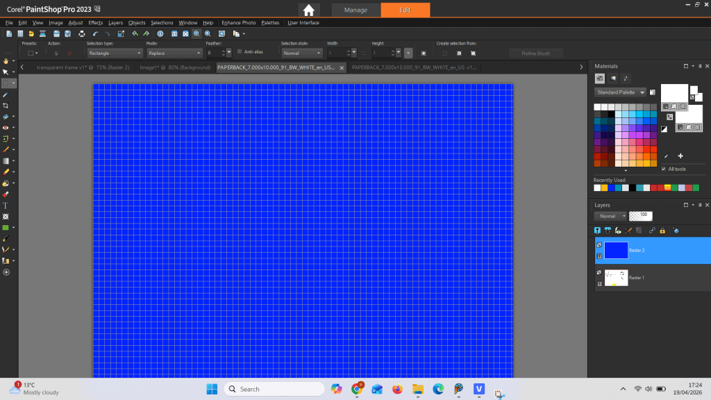 Corel PaintShop Pro workspace showing a blue grid image with various editing tools and color palettes on the screen.