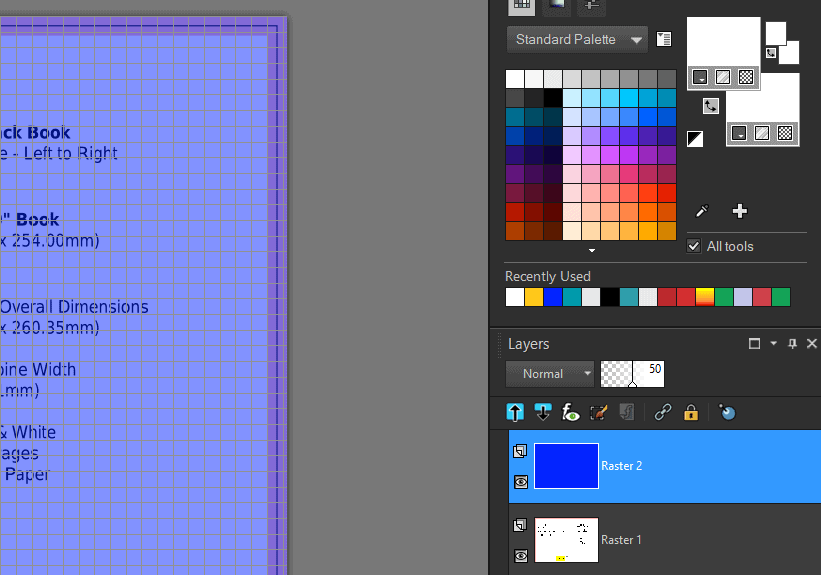 Screenshot of a digital art program showing a color palette, layers panel, and part of a blue grid canvas.
