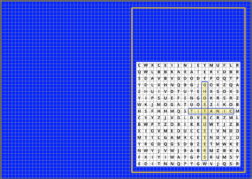 A word search puzzle on a blue grid background with the word "INSTANCE" highlighted in yellow.