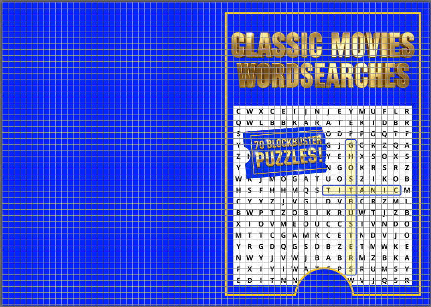 A word search puzzle book cover titled "Classic Movies Wordsearches: 70 Blockbuster Puzzles!" on a blue background.