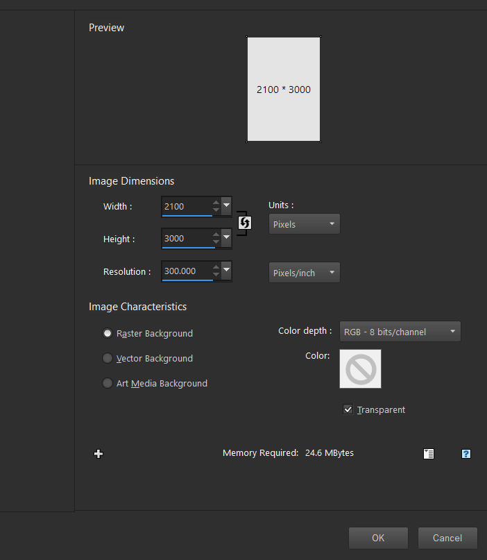 Screenshot of an image settings dialog showing width, height, resolution, and background options.
