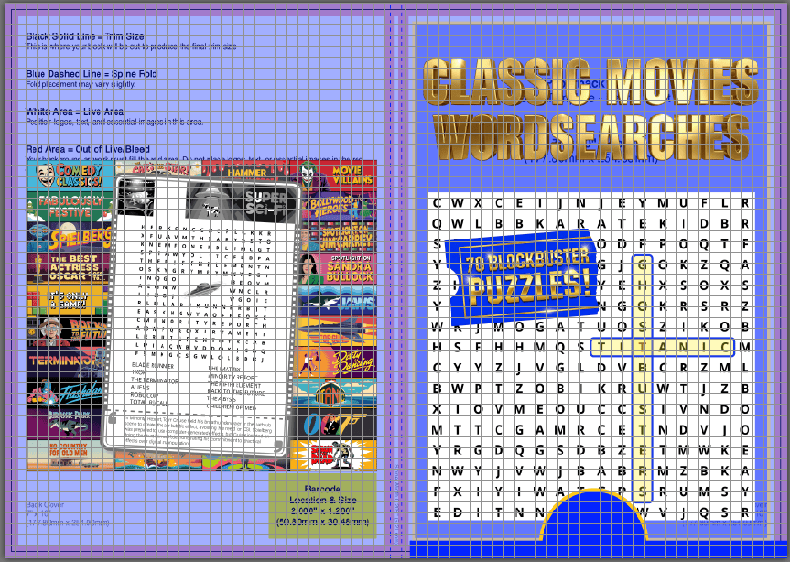 Book cover and inside page featuring a classic movie word search puzzle with highlighted words and colorful movie posters.