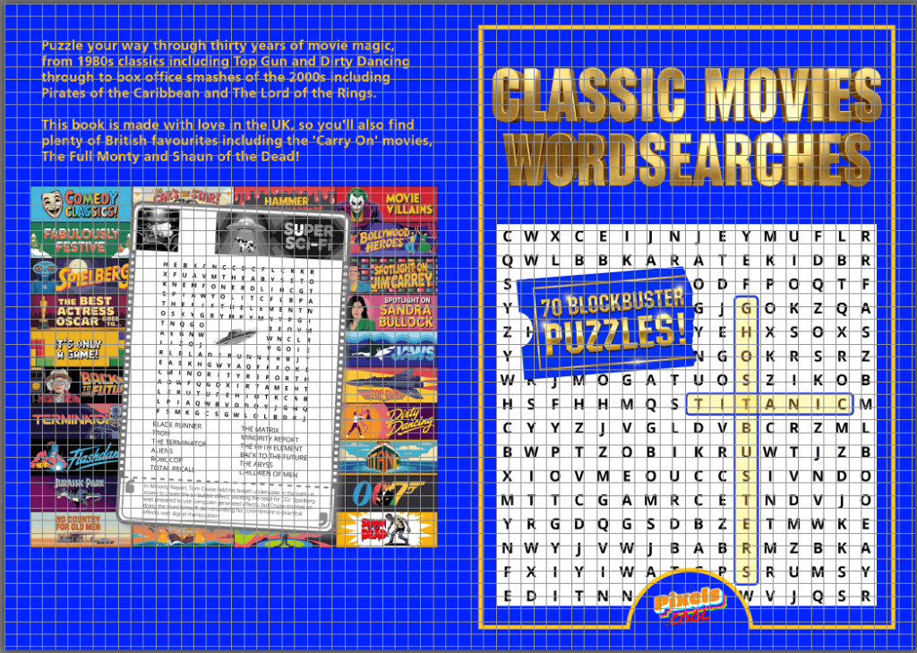 Cover of a "Classic Movies Wordsearches" puzzle book featuring movie-themed imagery and a sample wordsearch grid.
