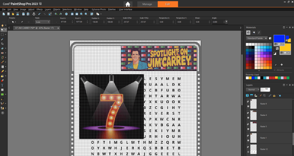 A word search puzzle in editing software features a marquee number 7 and a "Spotlight on Jim Carrey" banner at the top.