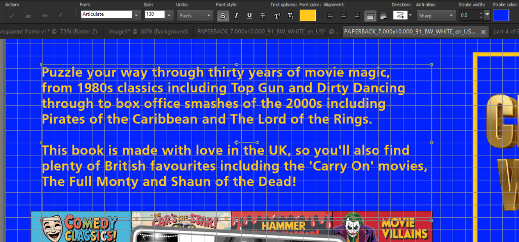 Screenshot of a text editing program with a highlighted text block about classic and British movies on a blue grid background.