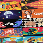 A collage of stylized illustrations representing various popular films, including their titles and iconic imagery.