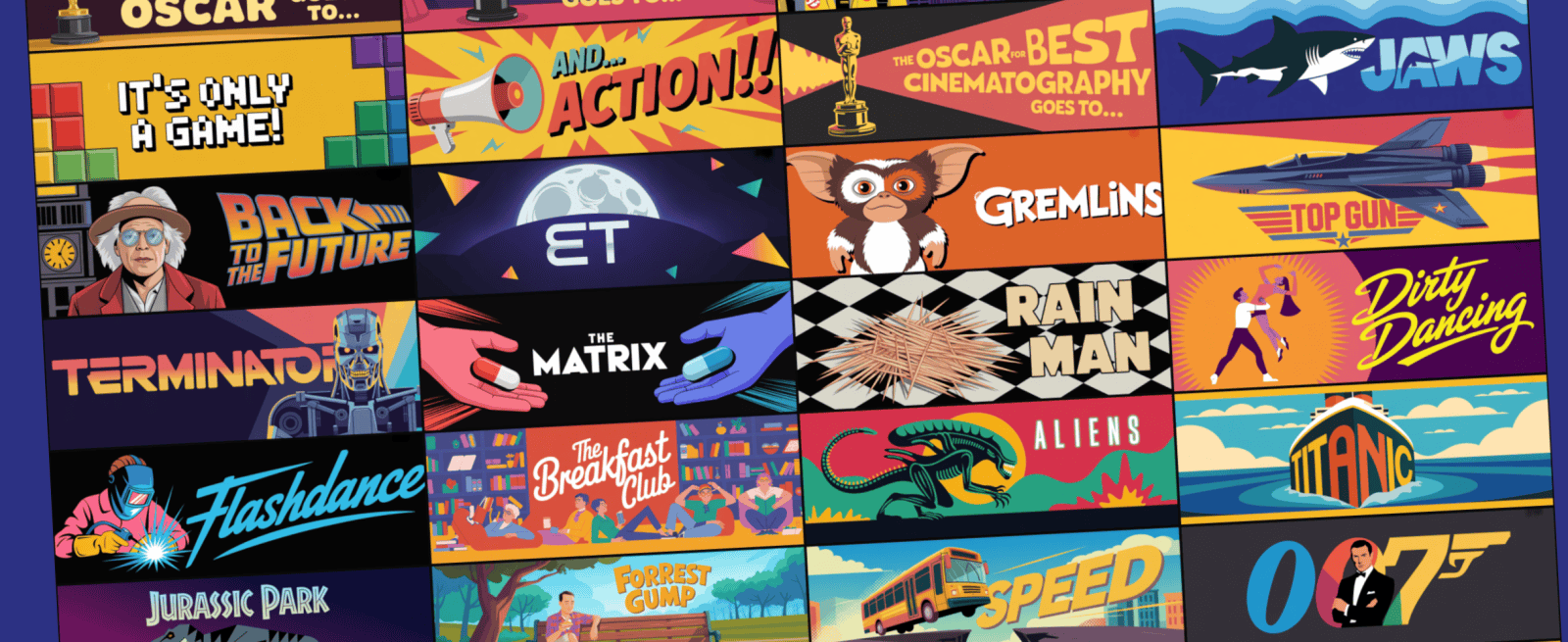 A collage of stylized illustrations representing various popular films, including their titles and iconic imagery.