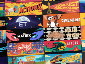 A collage of stylized illustrations representing various popular films, including their titles and iconic imagery.
