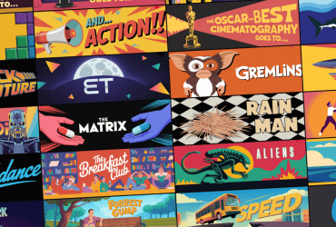 A collage of stylized illustrations representing various popular films, including their titles and iconic imagery.