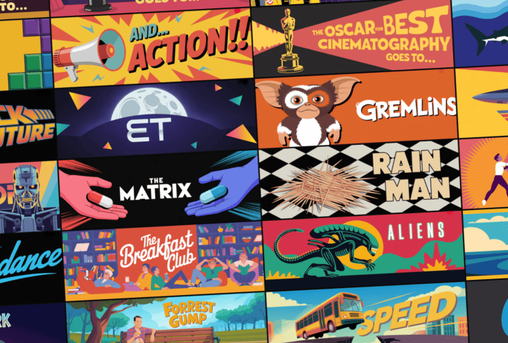 A collage of stylized illustrations representing various popular films, including their titles and iconic imagery.