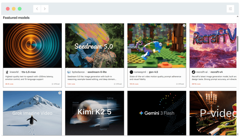 Grid of AI model thumbnails, each labeled with names and brief descriptions against various colorful backgrounds.