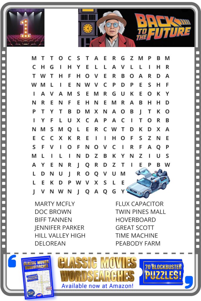 Back to the Future-themed word search puzzle with related words to find and illustrations of Doc Brown and a DeLorean.