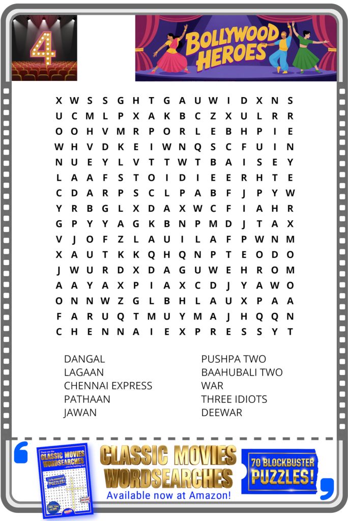 Bollywood movie-themed word search puzzle with a list of movie titles to find in the grid.