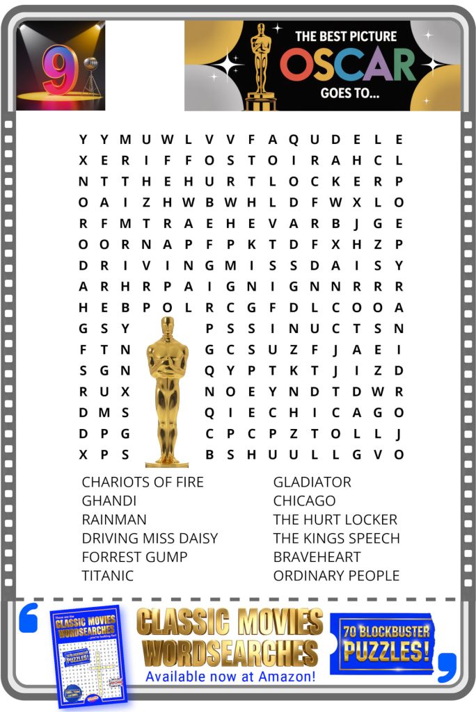 Oscar-themed word search puzzle featuring Best Picture winners, with a gold Oscar statue in the center and word list below.