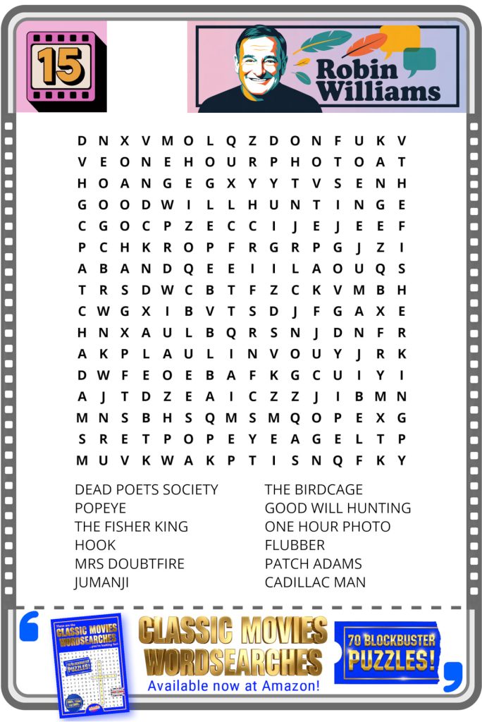 A Robin Williams-themed word search puzzle featuring classic movie titles and a promotional banner for wordsearch books.