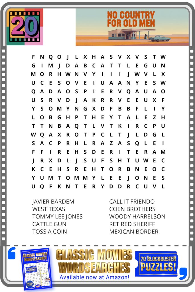 Word search puzzle themed on the film "No Country for Old Men," with related words listed below the grid.