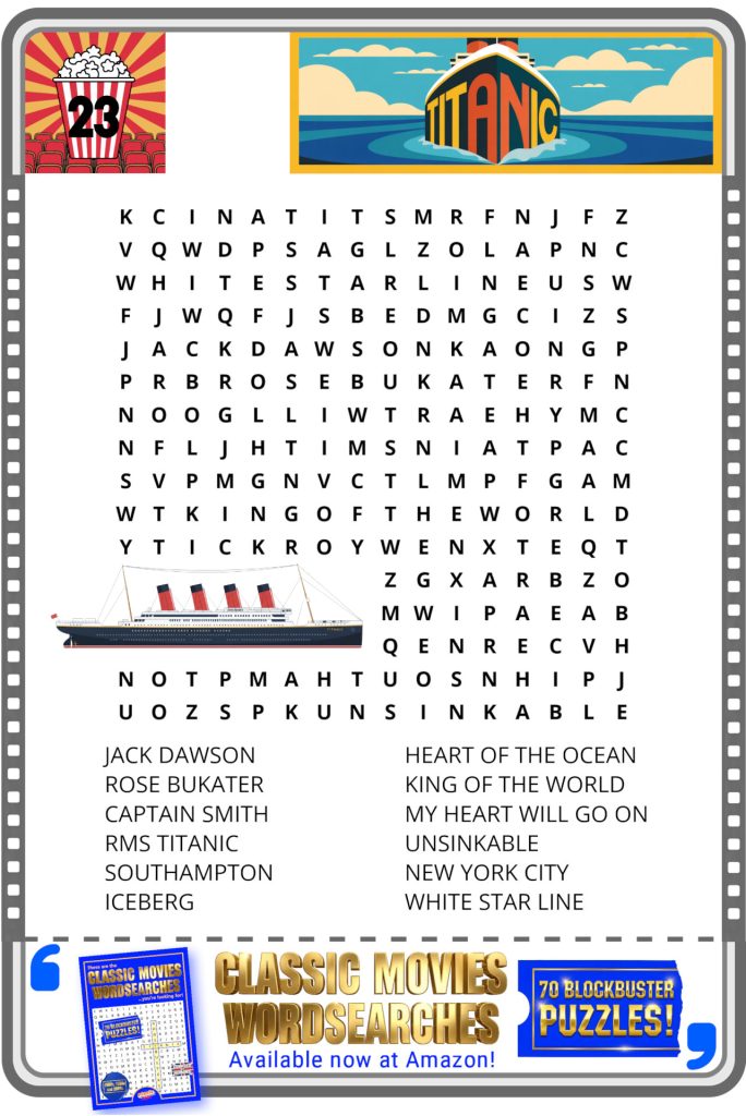 Titanic-themed word search puzzle featuring related words and images of the Titanic ship and logo at the top.
