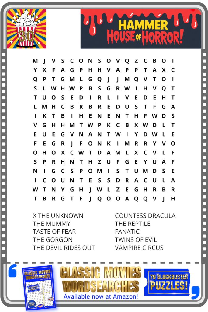 Hammer House of Horror themed word search puzzle with a list of classic horror movie titles to find in a letter grid.