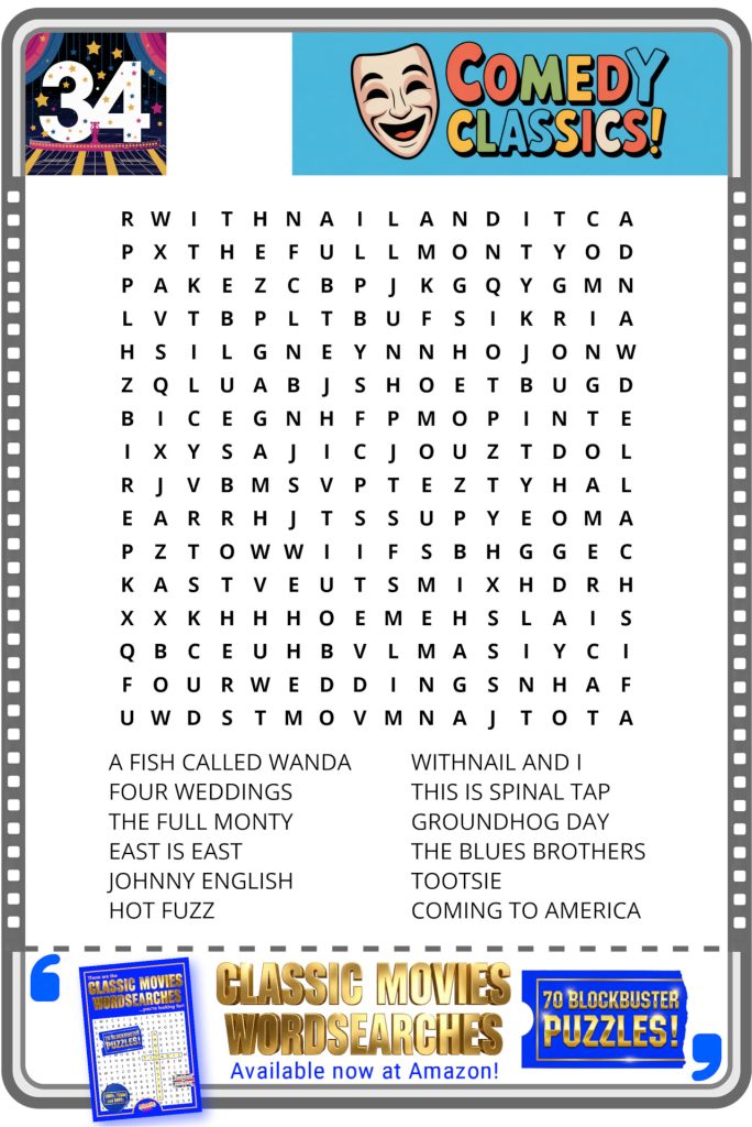 Comedy classics-themed word search puzzle featuring movie titles with a word bank and promotional banner at the bottom.