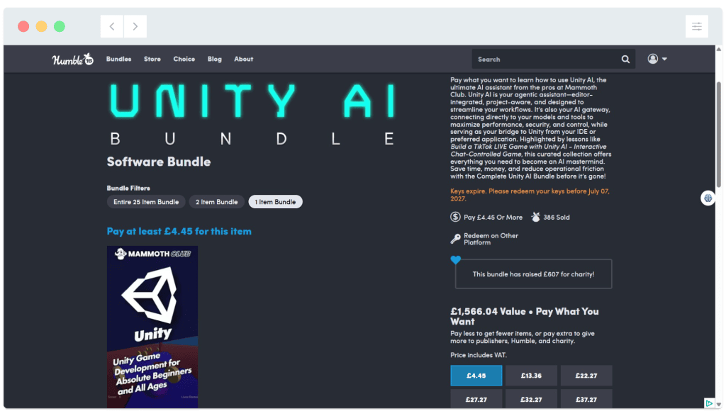 Screenshot of a software bundle sale for Unity AI tools on Humble, showing pricing and purchase options.