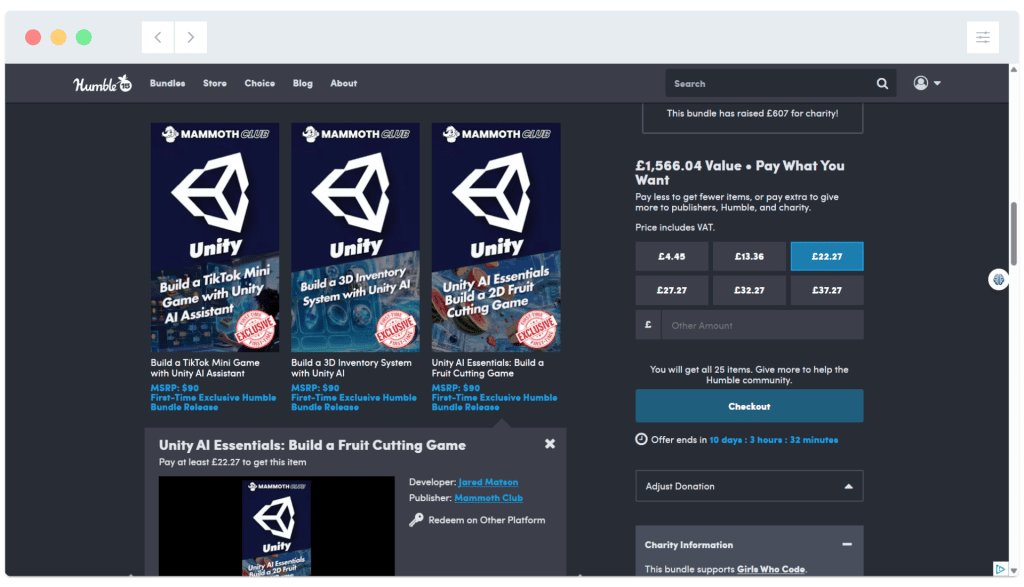 Humble Bundle webpage displaying Unity game development courses and pricing options for a pay-what-you-want bundle.
