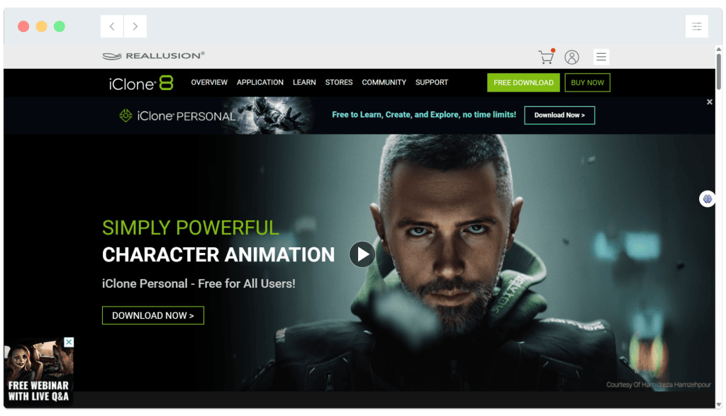 IClone 8 website homepage promoting character animation software with a man’s face and “Download Now” button visible.
