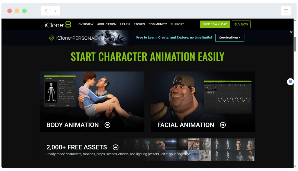 IClone 8 website promoting easy character animation with body and facial animation options and free assets section.