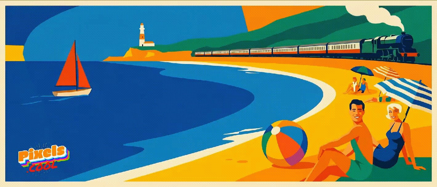 Illustration of a beach with people, a beach ball, sailboat, train, and lighthouse in a bold, colorful style.