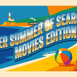 Cartoon beach scene with people, a train, lighthouse, and text: "Super Summer of Search: Movies Edition!.