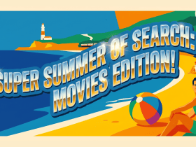 Cartoon beach scene with people, a train, lighthouse, and text: "Super Summer of Search: Movies Edition!.