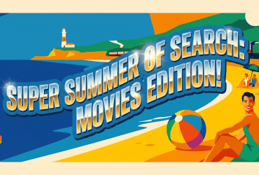Cartoon beach scene with people, a train, lighthouse, and text: "Super Summer of Search: Movies Edition!.