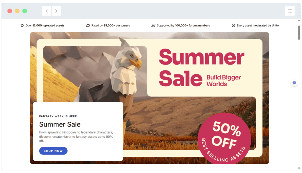 Banner advertising a summer sale with 50% off best-selling fantasy assets, featuring a griffin statue and mountains.