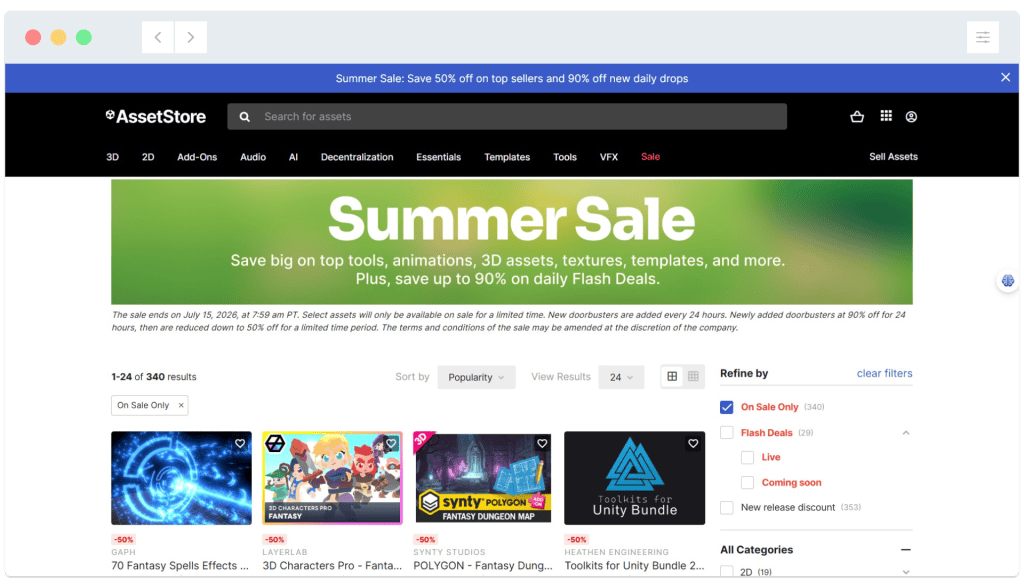 Screenshot of the Unity Asset Store homepage featuring a Summer Sale banner offering discounts on tools, assets, and templates.