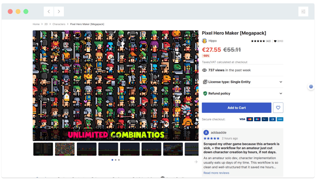 Grid of colorful pixel art characters with varied outfits and poses; text reads "UNLIMITED COMBINATIONS.