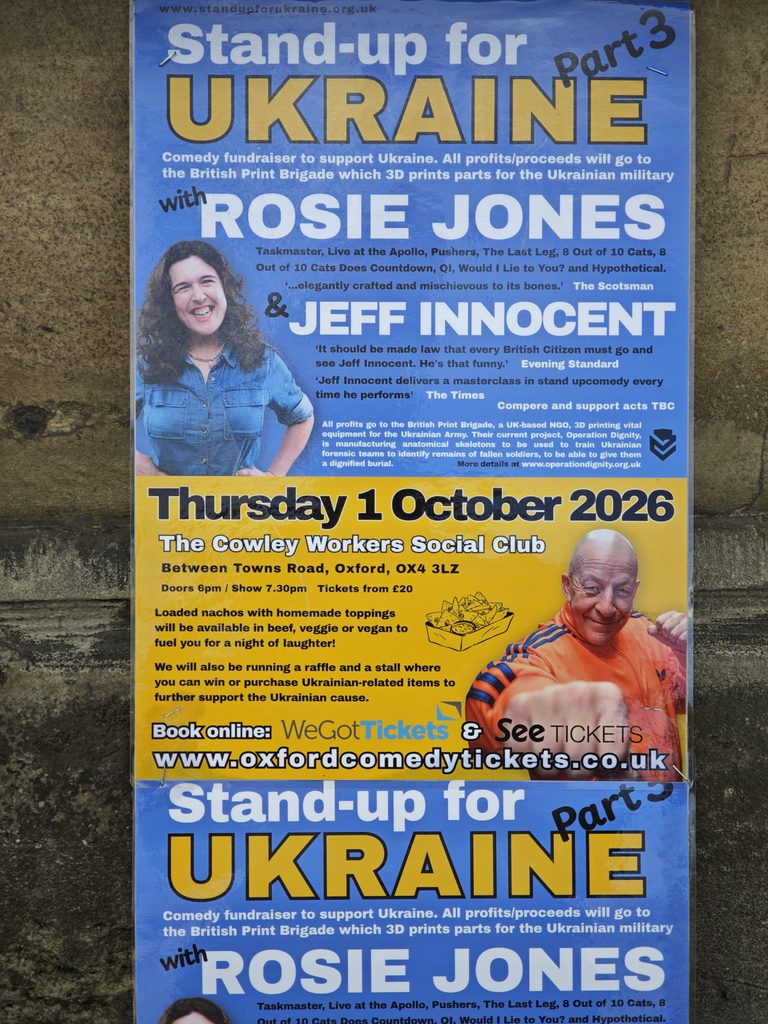 Blue and yellow poster advertising a stand-up comedy fundraiser for Ukraine with Rosie Jones and Jeff Innocent.