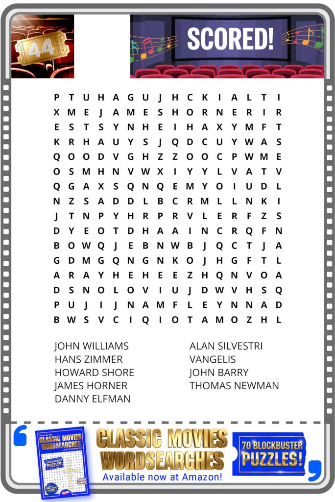 Word search puzzle featuring names of famous film composers, with a movie theater and "Scored!" banner at the top.