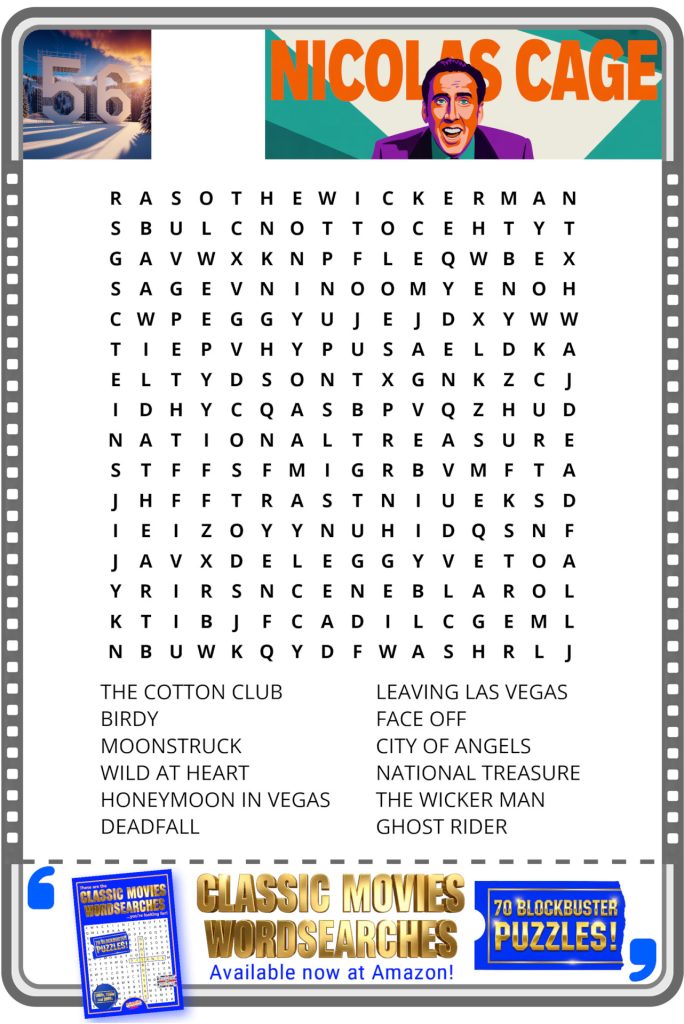 Word search puzzle featuring Nicolas Cage's movies, with his cartoon image and a list of film titles to find.