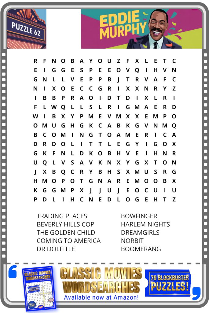 Eddie Murphy-themed word search puzzle with a list of his movies to find in the letter grid.