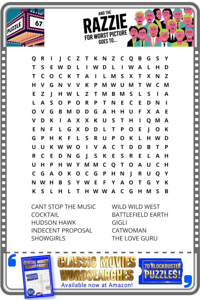 A word search puzzle featuring Razzie Award-winning worst picture movies and a cartoon of people holding RAZZIE signs.