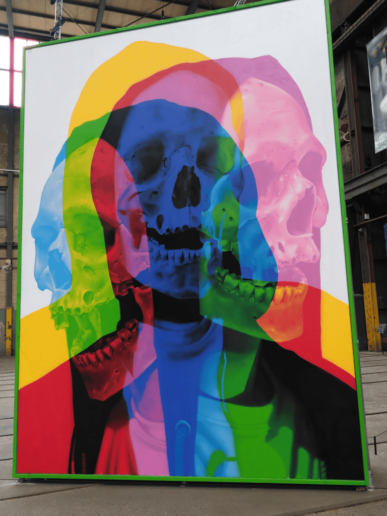 A colorful artwork shows overlapping silhouettes of a human skull in red, blue, yellow, and green.