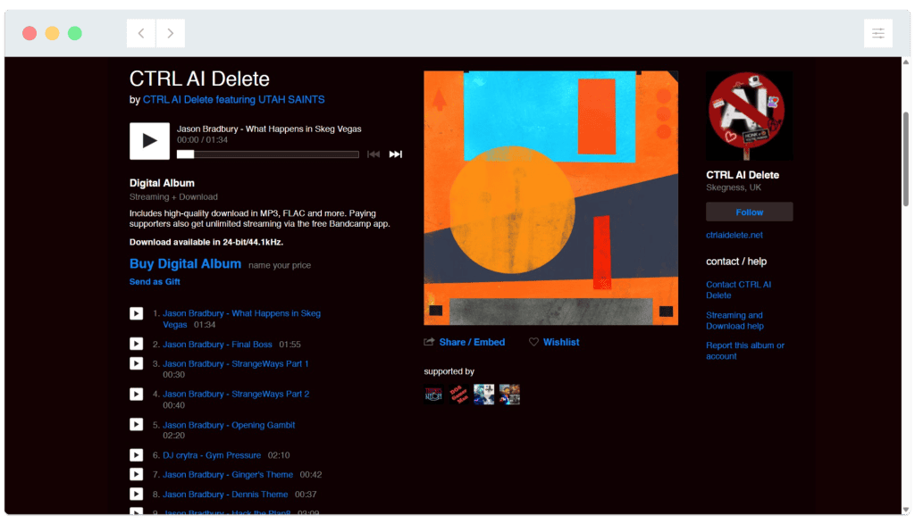 Bandcamp album page with abstract orange and blue cover art and track list for CTRL AI Delete by UTAH SAINTS.