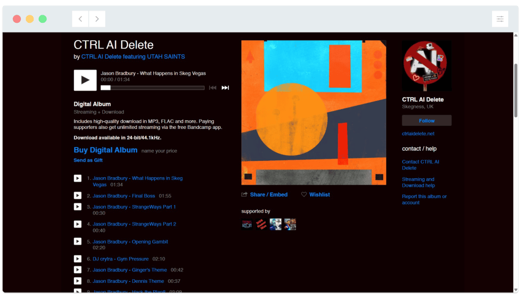 Bandcamp album page for ‘CTRL AI Delete’ with abstract orange and blue artwork and album information on a dark background.