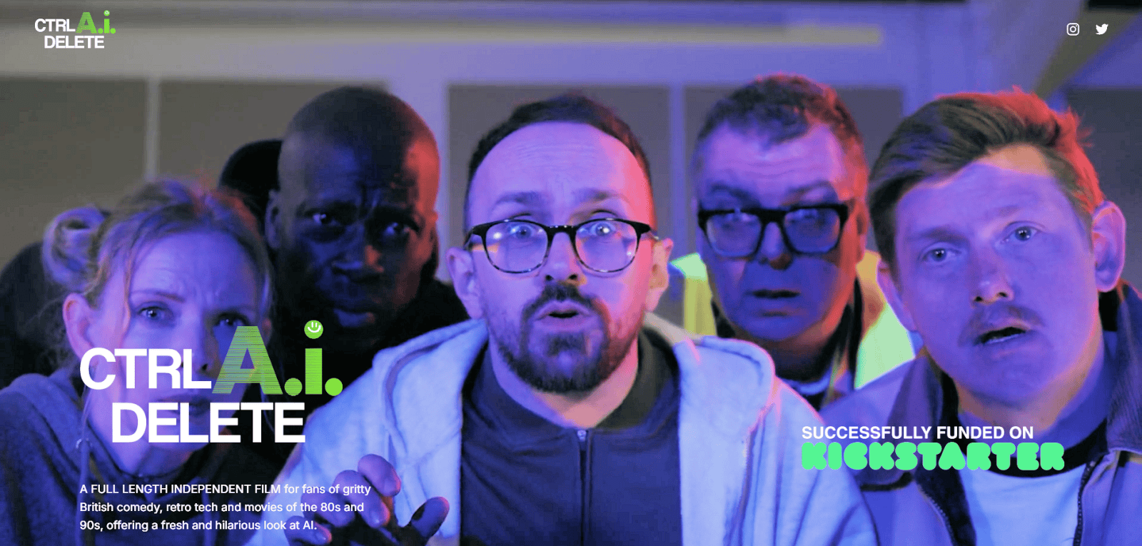 Five adults stand close together, looking surprised, under blue and purple lighting with text overlay about a film project.