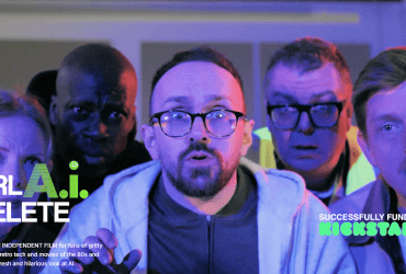 Five adults stand close together, looking surprised, under blue and purple lighting with text overlay about a film project.